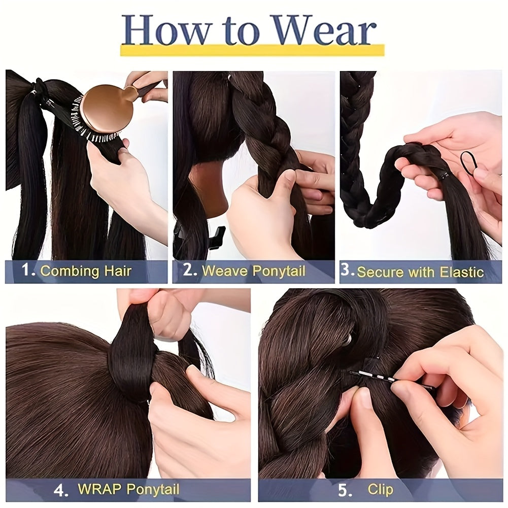 1pc Elegant 81.28 cm Long Straight Braid Ponytail Extension, High Temperature Fiber Synthetic Hairpiece with Elastic Tie for Women, Daily Use, Versatile Hairpiece|Elegant Braid|Elastic Tie Attachment, Hair Accessories
