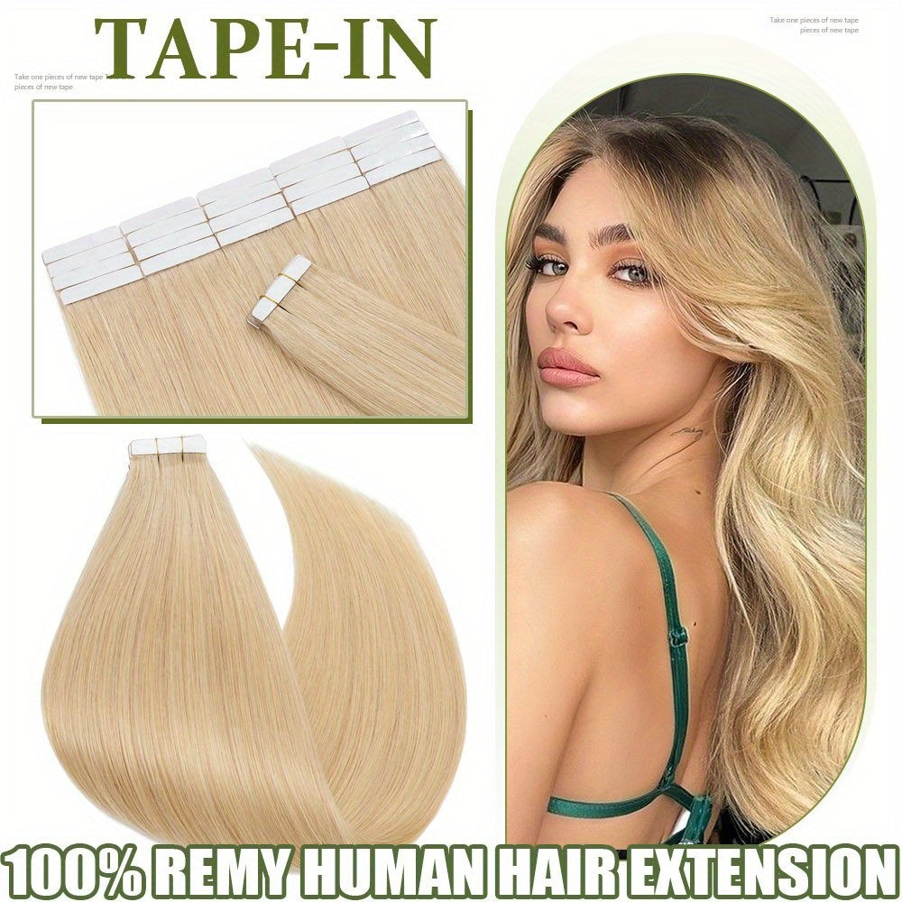 50g/pack 20pcs Tape In Human Hair Extensions 100% Brazilian Human Hair Tape In Extensions Straight Light Beige Weft 100% Remy Seamless Design Human Hair Extensions for Women 35.56-60.96 cm Date Gift Cosplay