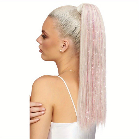 1pc Wig Piece Fashion Colorful Ponytail Golden and Silvery Low Temperature Fiber Magic Tape Straight Hair Ponytail Natural Traceless Synthetic Straight Hair Braid