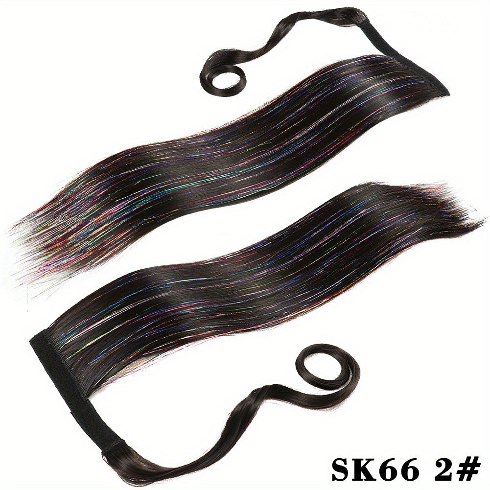 1pc Wig Piece Fashion Colorful Ponytail Golden and Silvery Low Temperature Fiber Magic Tape Straight Hair Ponytail Natural Traceless Synthetic Straight Hair Braid