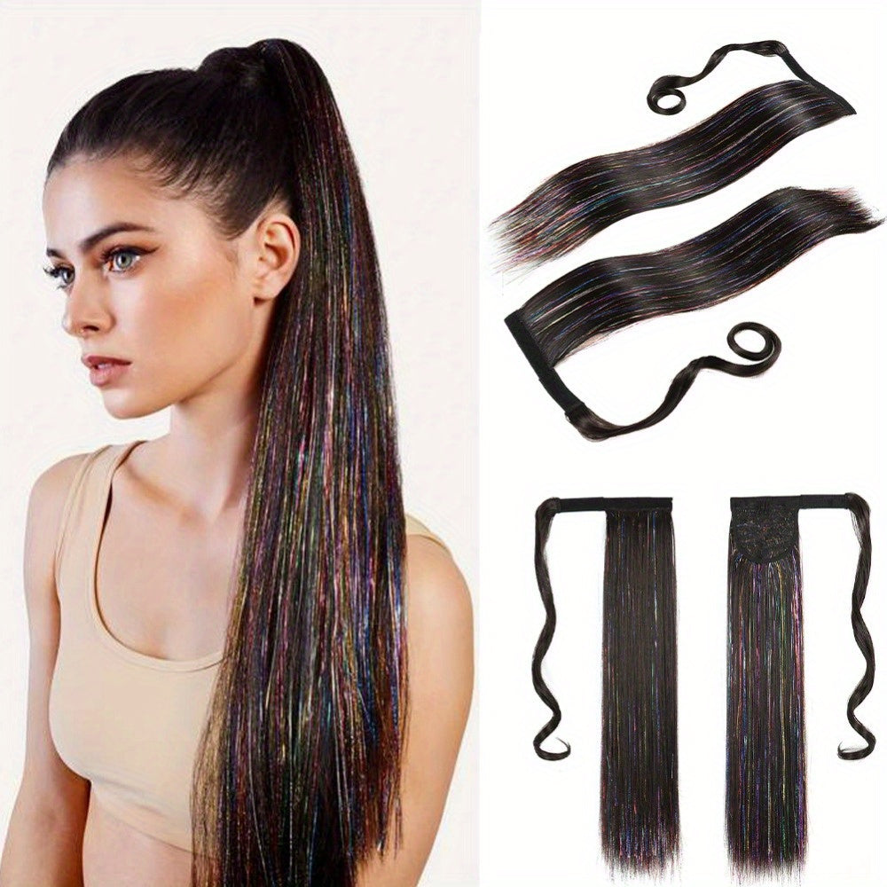 1pc Wig Piece Fashion Colorful Ponytail Golden and Silvery Low Temperature Fiber Magic Tape Straight Hair Ponytail Natural Traceless Synthetic Straight Hair Braid