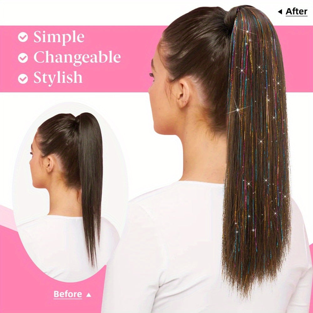 1pc Wig Piece Fashion Colorful Ponytail Golden and Silvery Low Temperature Fiber Magic Tape Straight Hair Ponytail Natural Traceless Synthetic Straight Hair Braid