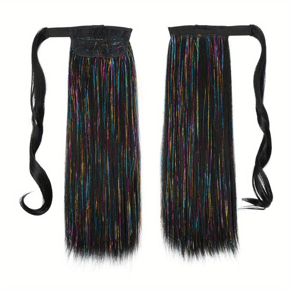 1pc Wig Piece Fashion Colorful Ponytail Golden and Silvery Low Temperature Fiber Magic Tape Straight Hair Ponytail Natural Traceless Synthetic Straight Hair Braid