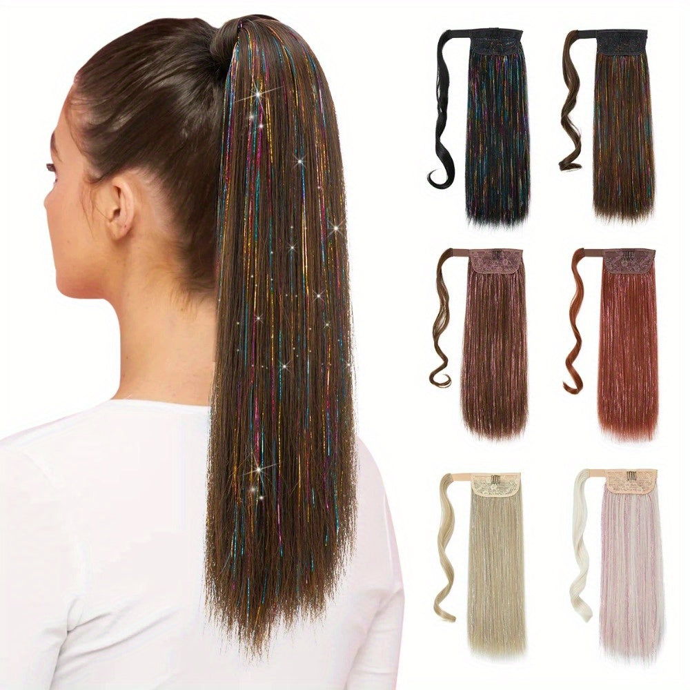 1pc Wig Piece Fashion Colorful Ponytail Golden and Silvery Low Temperature Fiber Magic Tape Straight Hair Ponytail Natural Traceless Synthetic Straight Hair Braid