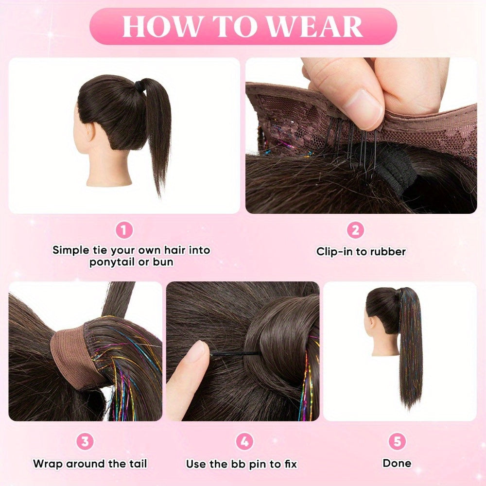 1pc Wig Piece Fashion Colorful Ponytail Golden and Silvery Low Temperature Fiber Magic Tape Straight Hair Ponytail Natural Traceless Synthetic Straight Hair Braid