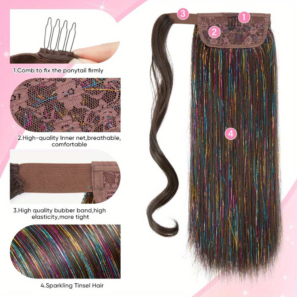 1pc Wig Piece Fashion Colorful Ponytail Golden and Silvery Low Temperature Fiber Magic Tape Straight Hair Ponytail Natural Traceless Synthetic Straight Hair Braid