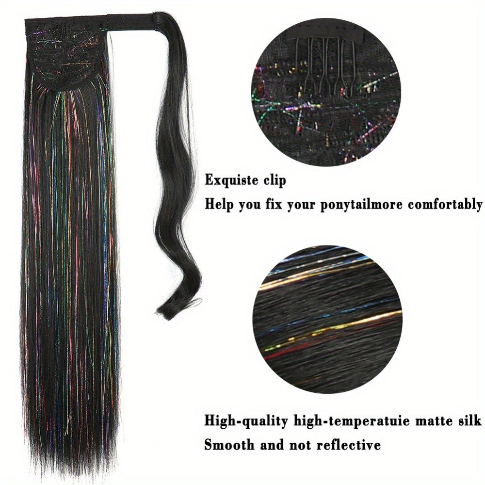 1pc Wig Piece Fashion Colorful Ponytail Golden and Silvery Low Temperature Fiber Magic Tape Straight Hair Ponytail Natural Traceless Synthetic Straight Hair Braid