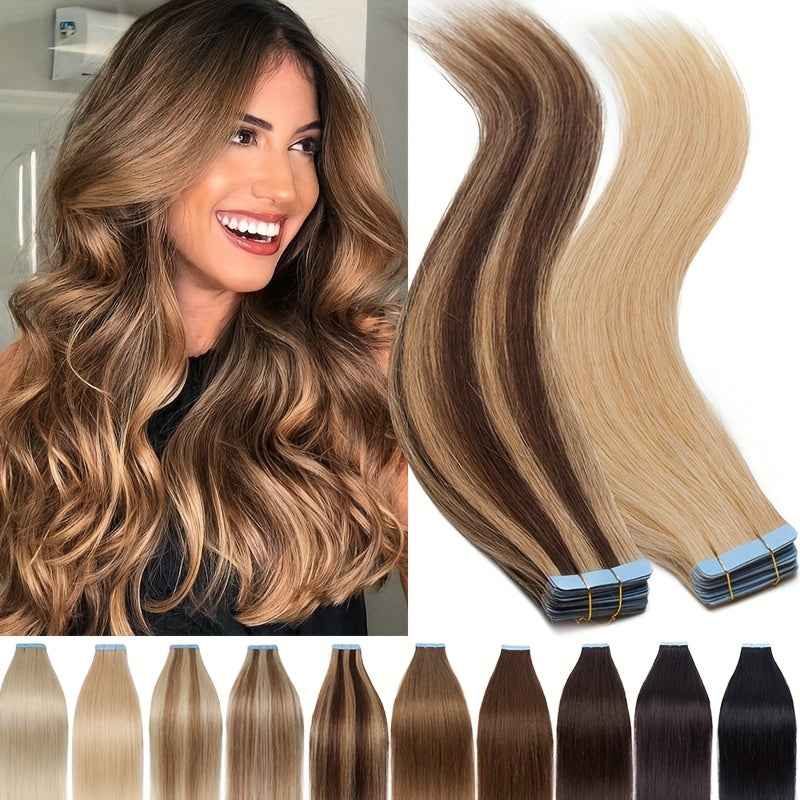 50g/pack 20pcs Tape In Human Hair Extensions 100% Brazilian Human Hair Tape In Extensions Straight Light Beige Weft 100% Remy Seamless Design Human Hair Extensions for Women 35.56-60.96 cm Date Gift Cosplay