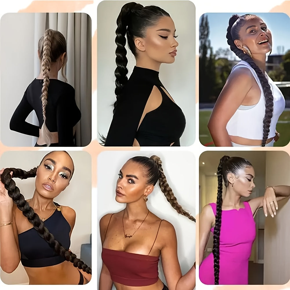 1pc Elegant 81.28 cm Long Straight Braid Ponytail Extension, High Temperature Fiber Synthetic Hairpiece with Elastic Tie for Women, Daily Use, Versatile Hairpiece|Elegant Braid|Elastic Tie Attachment, Hair Accessories