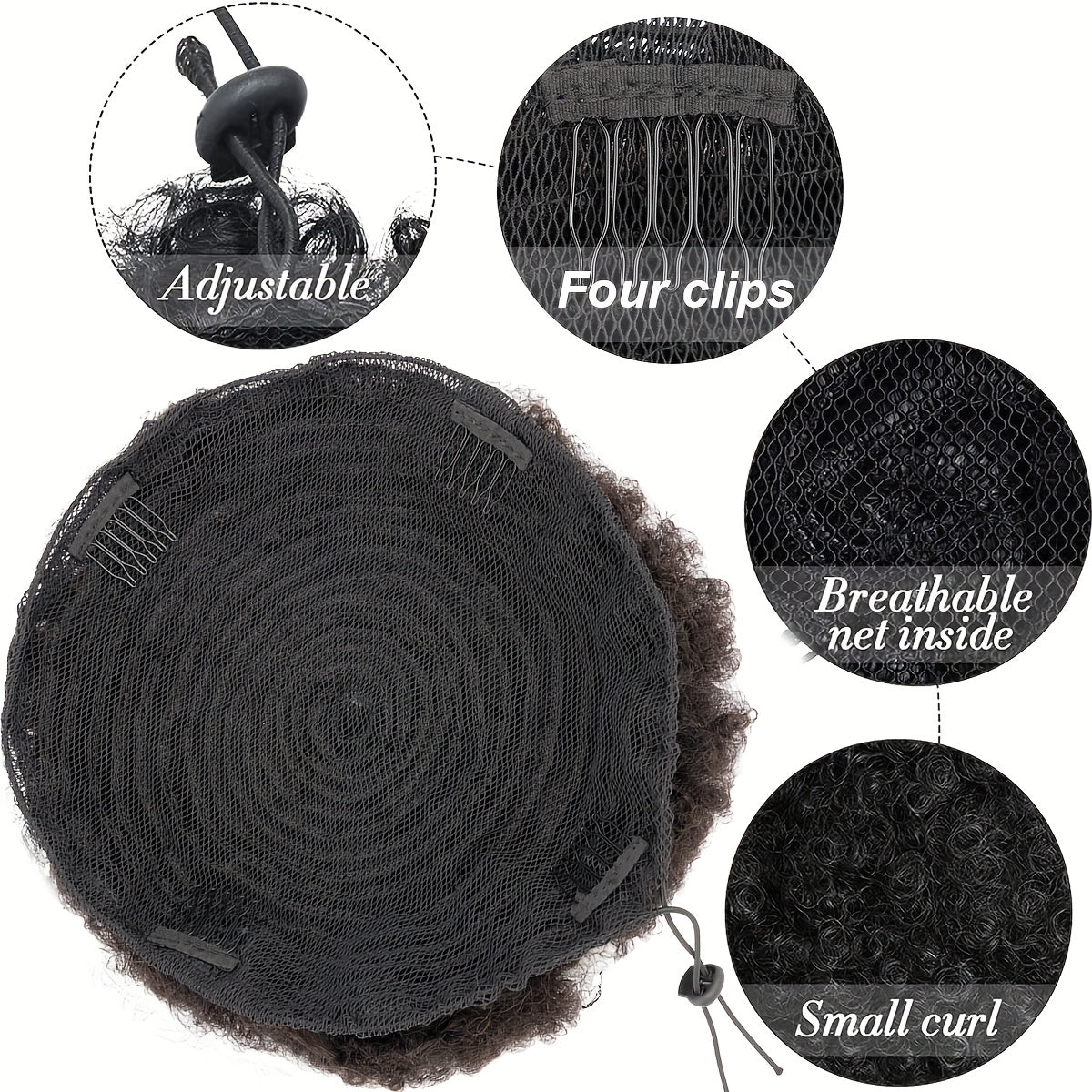 100% Human Hair Afro Hair Extensions Ponytail Hairpieces Drawstring Hairpieces Short Curly Afro Hairpieces 25.4 cm Large Net