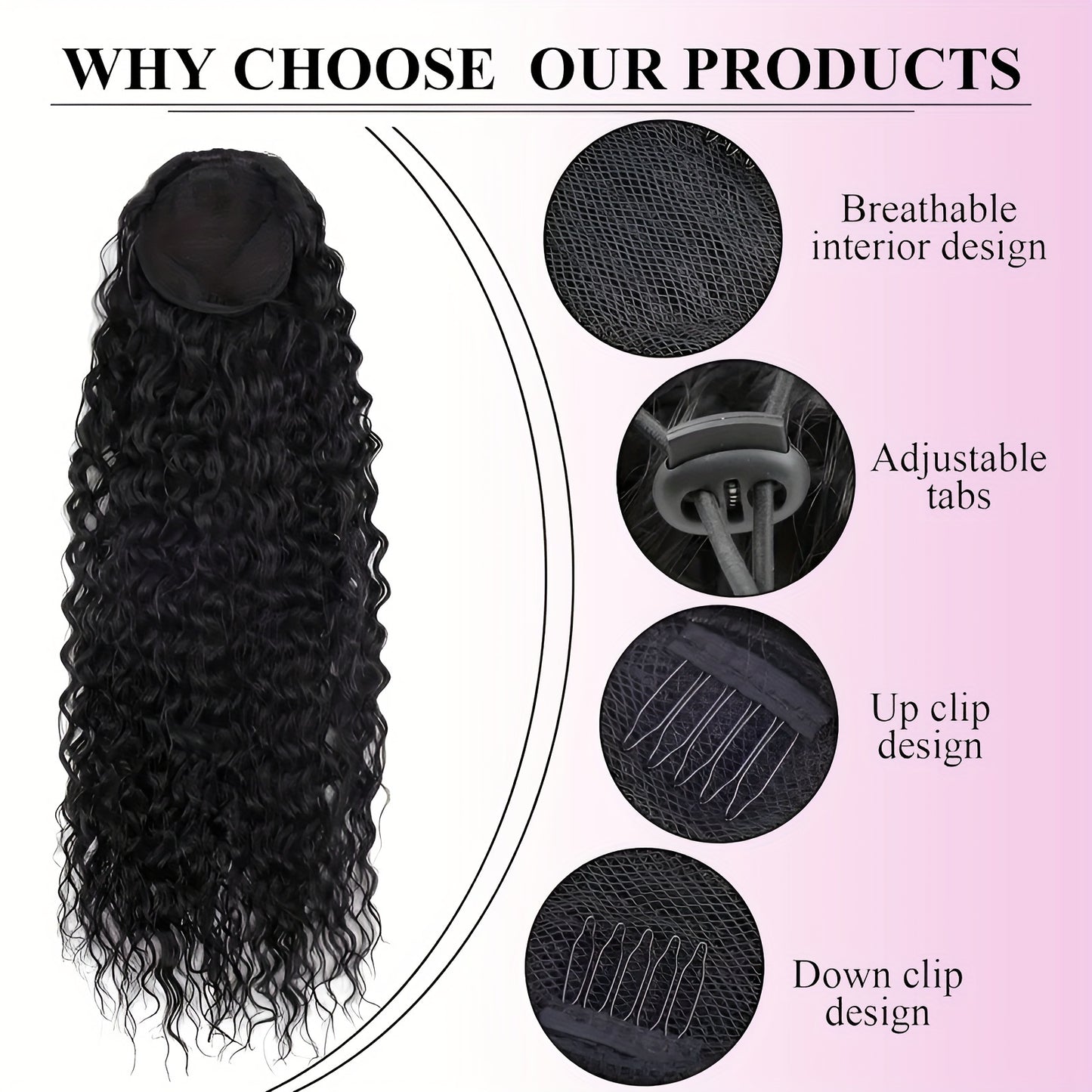 Women'S High-Temperature Fiber Curly Wave Ponytail Hair Extensions, 40.64 cm, Vacation Style, Drawstring and Clip-in Design, Fluffy Texture, Fashionable Synthetic Hairpiece