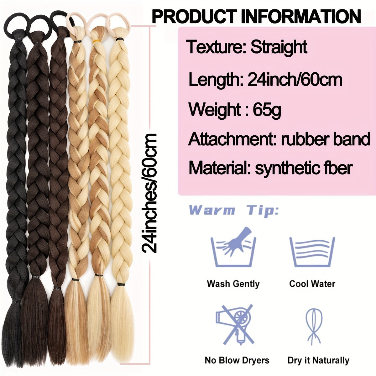 BENEHAIR Long Braid Ponytail Extension With Hair Tie Straight Soft Synthetic Hair Pieces Hair Extensions Braid Pony Tail Fluffy Natural Soft Synthetic Hairpieces For Women Daily Wear, 60.96 cm 1Pcs