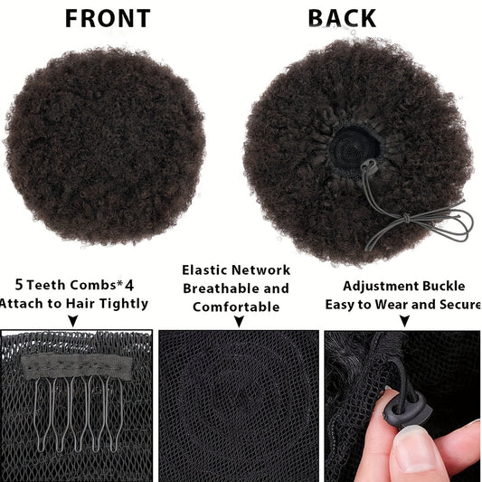 100% Human Hair Afro Hair Extensions Ponytail Hairpieces Drawstring Hairpieces Short Curly Afro Hairpieces 25.4 cm Large Net