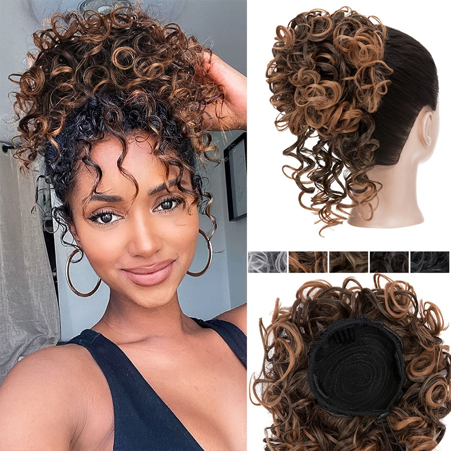 Afro Puff Drawstring Ponytail Extensions Short Kinky Curly Scrunchie Messy Bun Pony Tail Hair Piece Extra Thick Wavy Pony Tails Synthetic Soft Pineapple Updo Hairpiece 8inch/20cm Black, Blonde, Brown, Gray Ombre For Christmas Party Daily Use