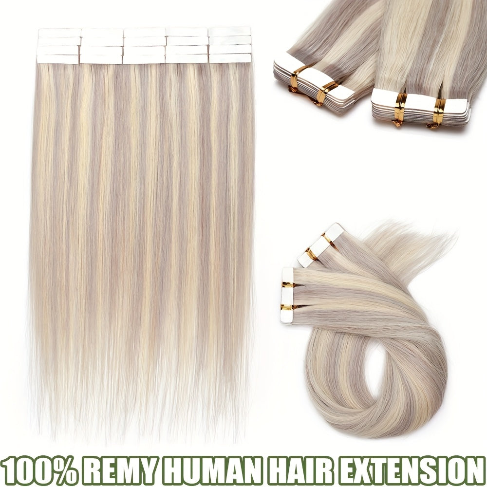 50g/pack 20pcs Tape In Human Hair Extensions 100% Brazilian Human Hair Tape In Extensions Straight Light Beige Weft 100% Remy Seamless Design Human Hair Extensions for Women 35.56-60.96 cm Date Gift Cosplay