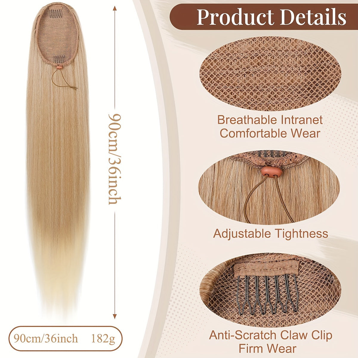 36 Inch Long Synthetic Hair Straight Drawstring Ponytail - Natural Soft Clip for All Hair Types - Fake Ponytails for Women