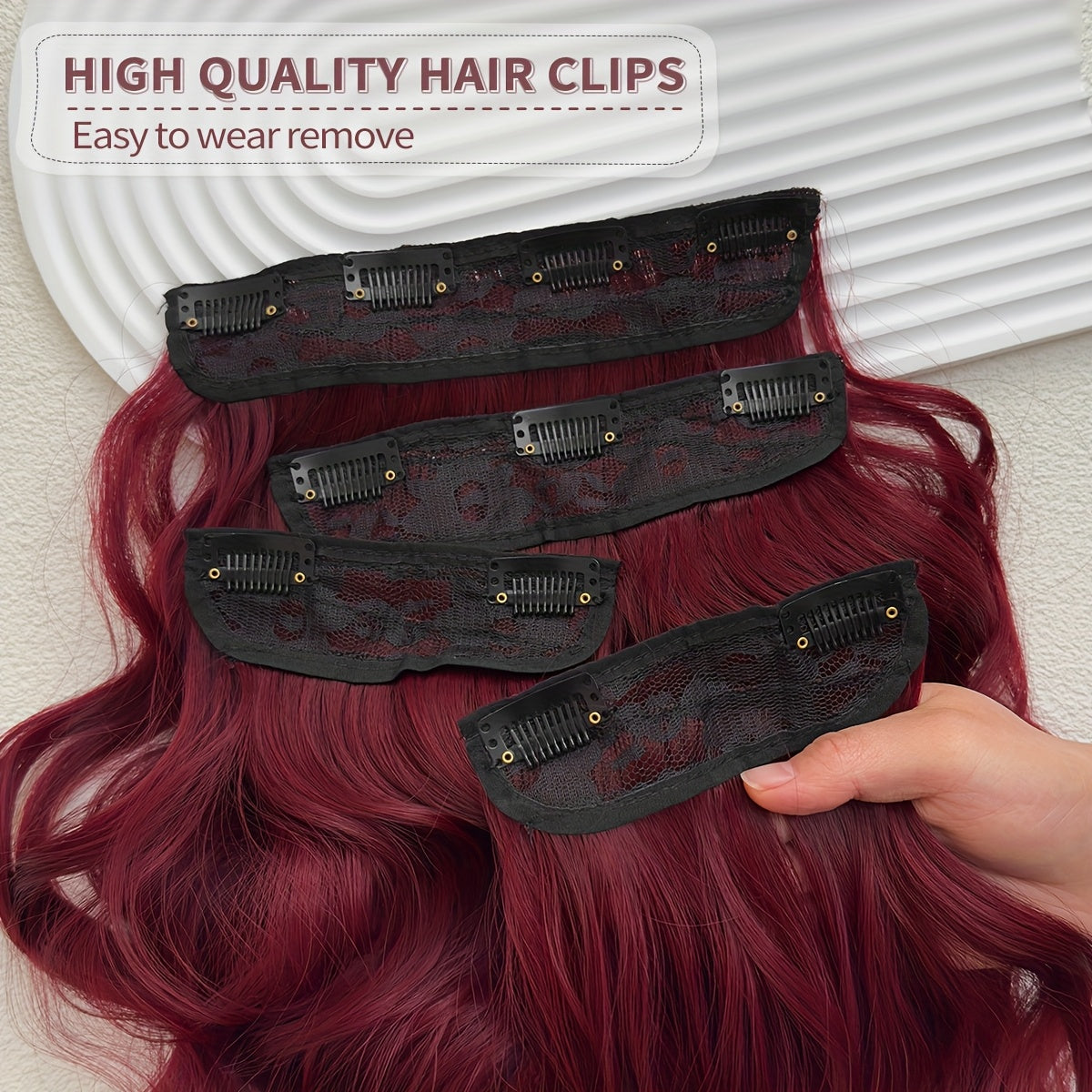 4pcs, 22 Inch Wine Red Color Clip in Hair Extensions 4pcs Black Brown Thick Highlighted Hairpieces Long Wave Clip in Hair Pieces Full Head Synthetic Hair Extension for Women