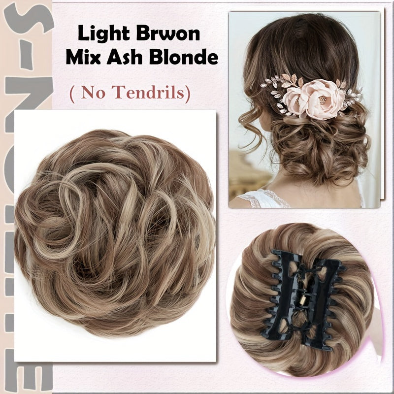 Curly Messy Bun Hair Extension - Easy Stretch, Claw Clip-In Ponytail, Scrunchie Chignon Tray, Soft Hairpieces For Women - Daily, Wedding, Party Use With No Damage, No Shedding, No Tangle Guarantee