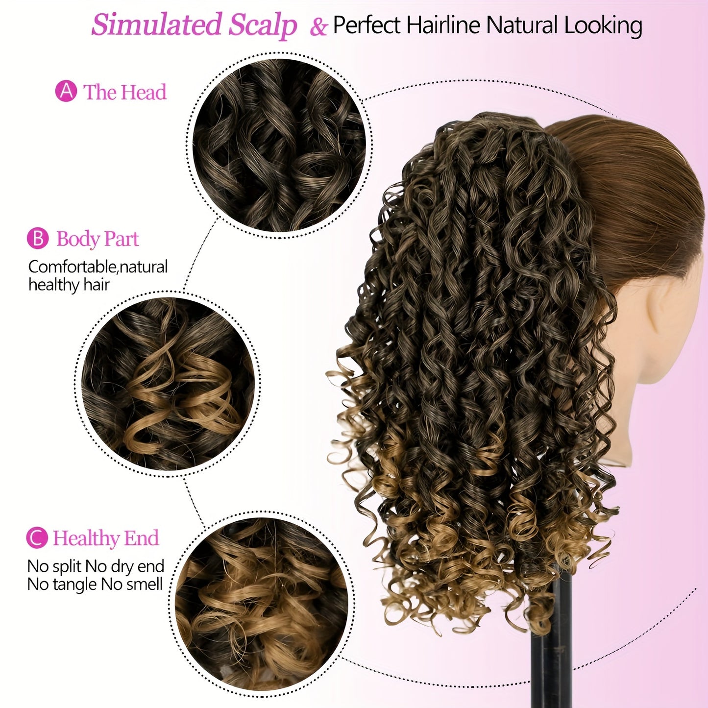 Women'S High-Temperature Fiber Curly Wave Ponytail Hair Extensions, 40.64 cm, Vacation Style, Drawstring and Clip-in Design, Fluffy Texture, Fashionable Synthetic Hairpiece