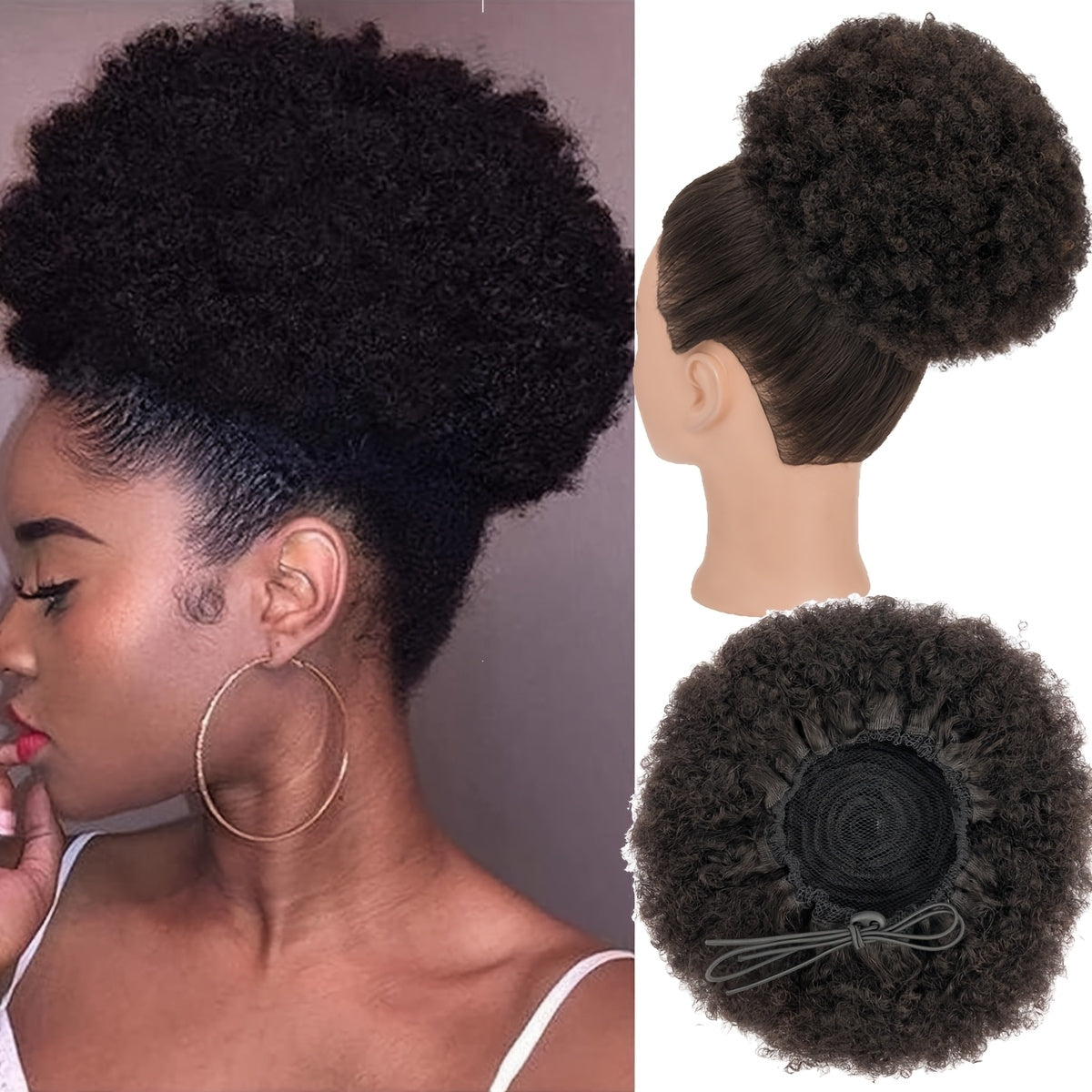 100% Human Hair Afro Hair Extensions Ponytail Hairpieces Drawstring Hairpieces Short Curly Afro Hairpieces 25.4 cm Large Net