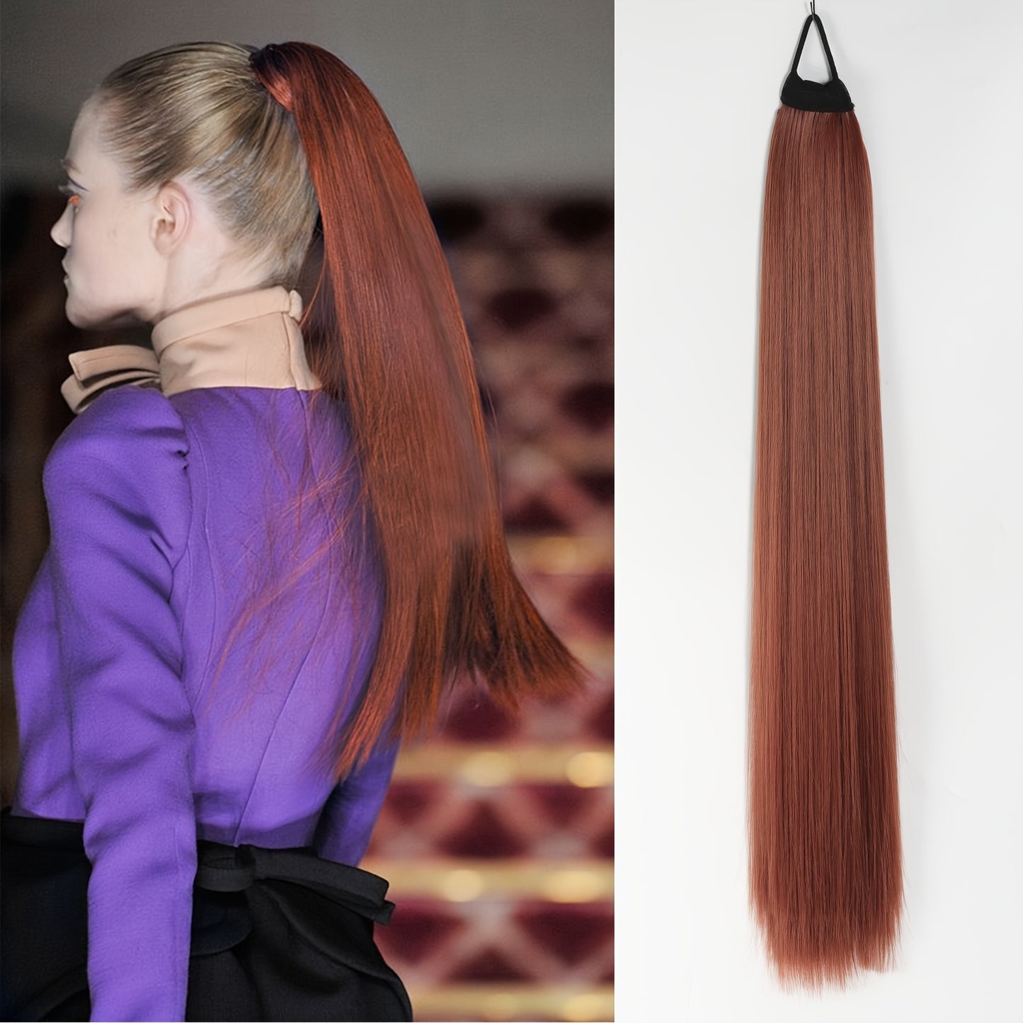 Ponytail Extensions Featuring a Flexible Elastic Band, Suitable for Women, Measuring 71.12 cm in Length with Straight, Soft, And Natural-Looking Synthetic Ponytails Available in Mixed Shades of Blonde, Brown, Red, And Silvery.