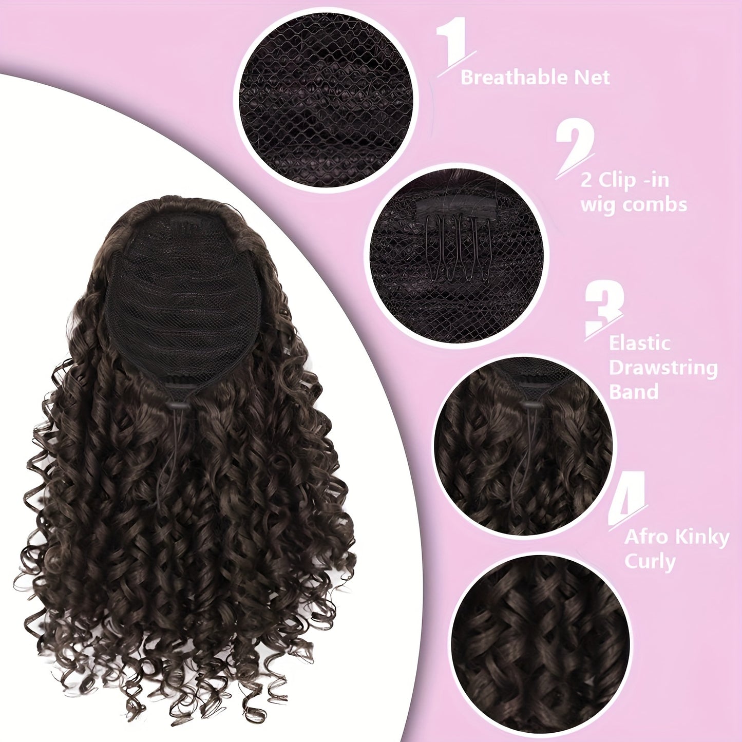 Women'S High-Temperature Fiber Curly Wave Ponytail Hair Extensions, 40.64 cm, Vacation Style, Drawstring and Clip-in Design, Fluffy Texture, Fashionable Synthetic Hairpiece