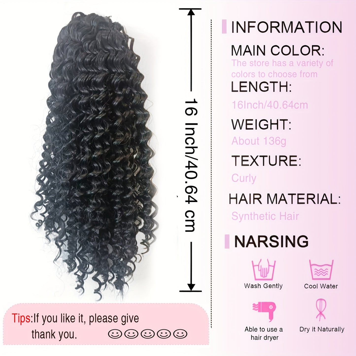 Women'S High-Temperature Fiber Curly Wave Ponytail Hair Extensions, 40.64 cm, Vacation Style, Drawstring and Clip-in Design, Fluffy Texture, Fashionable Synthetic Hairpiece