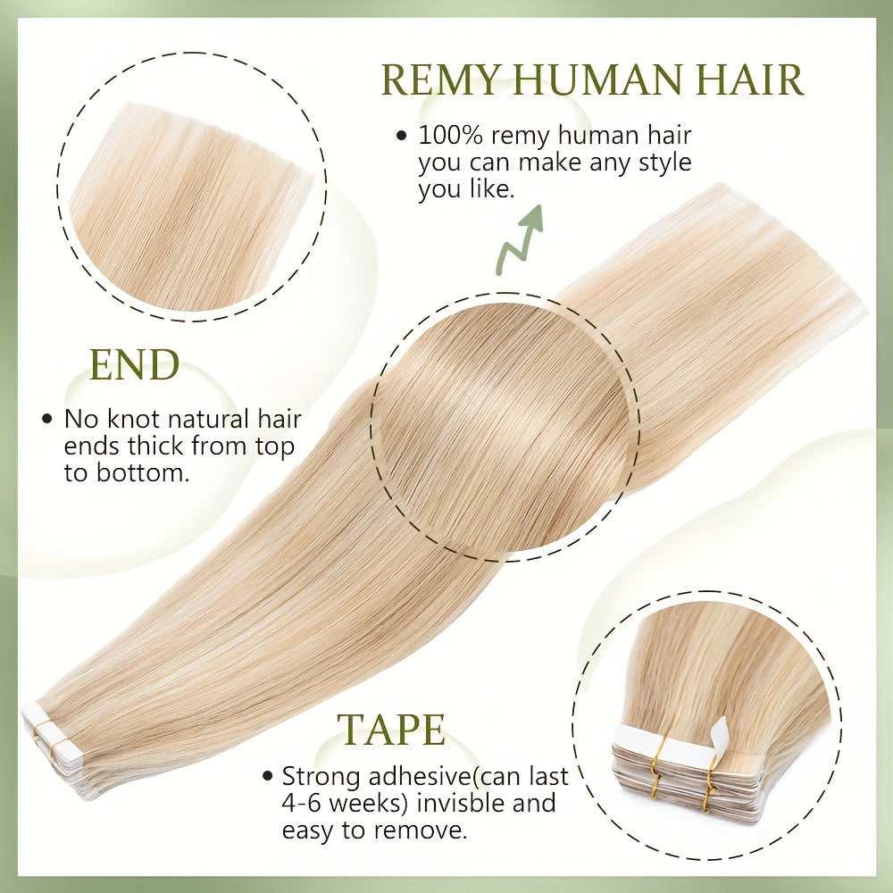 50g/pack 20pcs Tape In Human Hair Extensions 100% Brazilian Human Hair Tape In Extensions Straight Light Beige Weft 100% Remy Seamless Design Human Hair Extensions for Women 35.56-60.96 cm Date Gift Cosplay