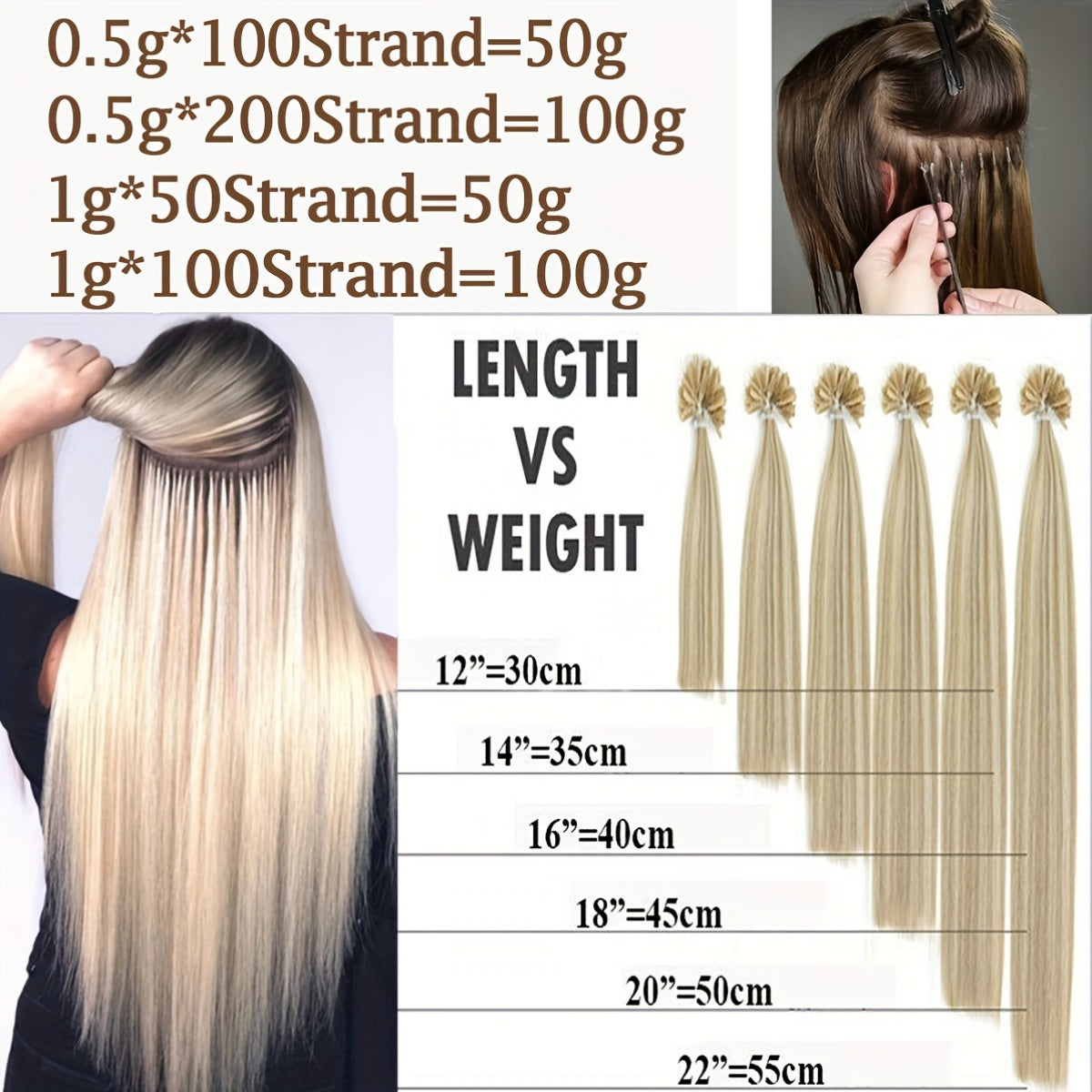50 Strands/ 50 Gram Keratin Fushion Human Hair Extensions 100% Real Hair U tip Extensions Keratin U Tip Hair Extensions Nail Tips 40.64cm-60.96cm Pre Bonded U Tip Hair Extensions Human Hair