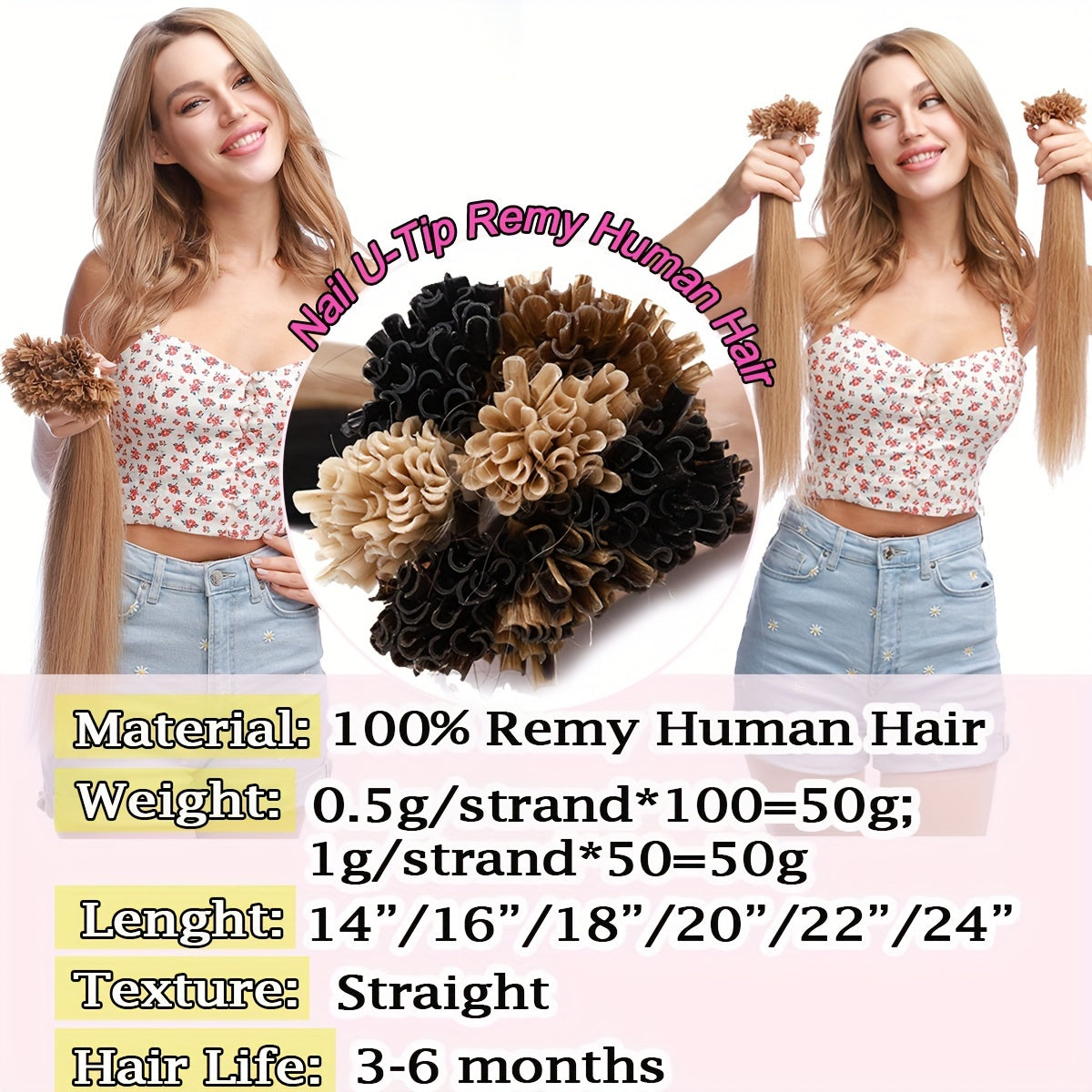 50 Strands/ 50 Gram Keratin Fushion Human Hair Extensions 100% Real Hair U tip Extensions Keratin U Tip Hair Extensions Nail Tips 40.64cm-60.96cm Pre Bonded U Tip Hair Extensions Human Hair
