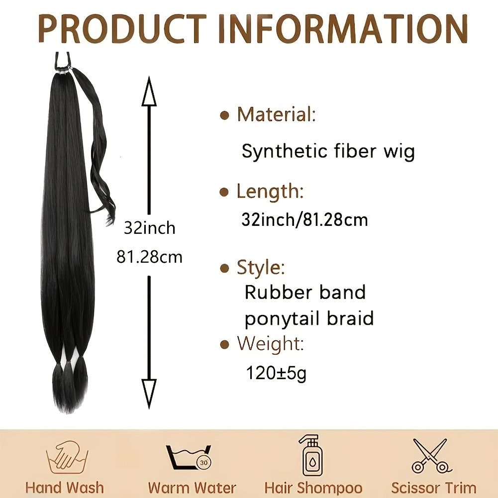1pc Elegant 81.28 cm Long Straight Braid Ponytail Extension, High Temperature Fiber Synthetic Hairpiece with Elastic Tie for Women, Daily Use, Versatile Hairpiece|Elegant Braid|Elastic Tie Attachment, Hair Accessories