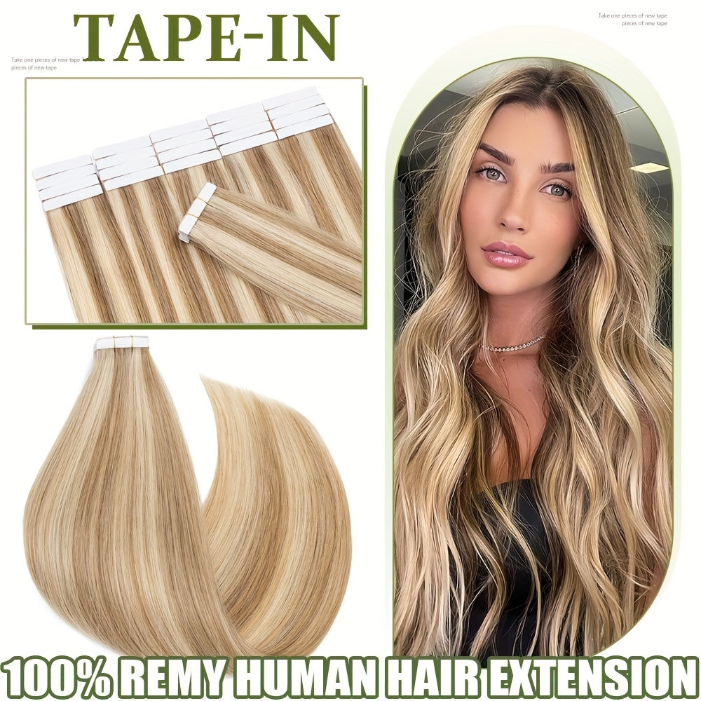 50g/pack 20pcs Tape In Human Hair Extensions 100% Brazilian Human Hair Tape In Extensions Straight Light Beige Weft 100% Remy Seamless Design Human Hair Extensions for Women 35.56-60.96 cm Date Gift Cosplay