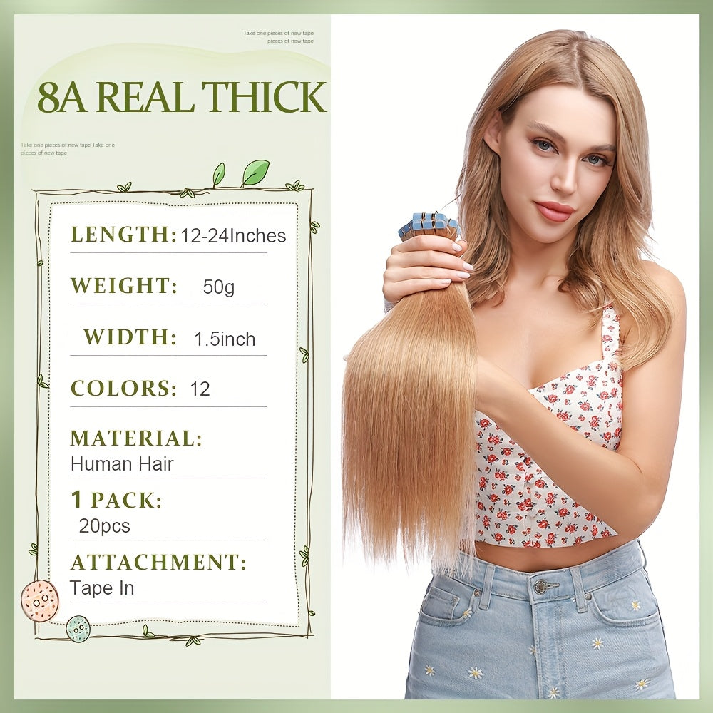 50g/pack 20pcs Tape In Human Hair Extensions 100% Brazilian Human Hair Tape In Extensions Straight Light Beige Weft 100% Remy Seamless Design Human Hair Extensions for Women 35.56-60.96 cm Date Gift Cosplay