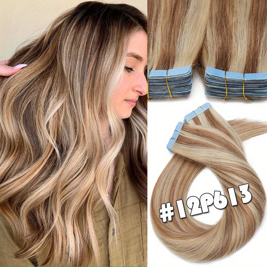 20PCS/50G Tape In 100% Human Hair Extensions Seamless Skin Weft Smooth Remy Hair Full Head 16/18/20Inch Long Straight Feel Soft & Natural Looking Mix Color