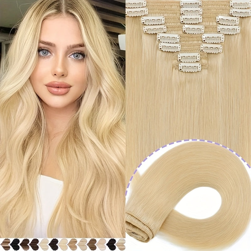 [8pcs 18clips Hair Extensions] 8pcs 18clips Double Weft Hair Extensions - Straight Smooth Long Hairpiece (16-22inch) | Natural Look, Multiple Colors | Perfect for Daily Wear & Special Occasions, Versatile for All Face Types, Light Beige
