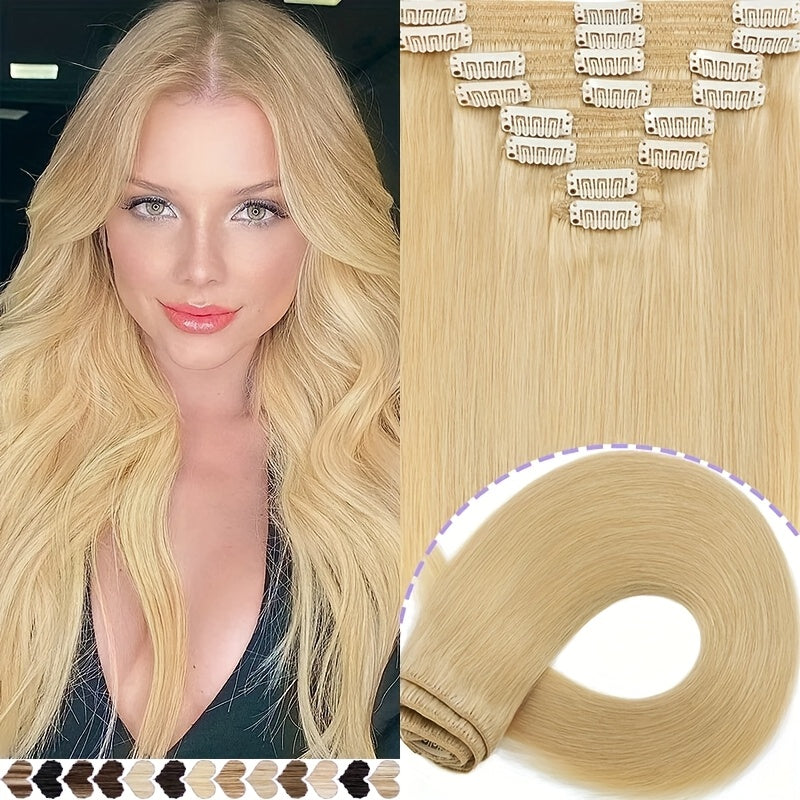 [8pcs 18clips Hair Extensions] 8pcs 18clips Double Weft Hair Extensions - Straight Smooth Long Hairpiece (16-22inch) | Natural Look, Multiple Colors | Perfect for Daily Wear & Special Occasions, Versatile for All Face Types, Light Beige