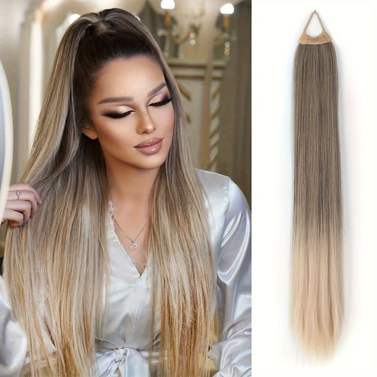 Ponytail Extensions Featuring a Flexible Elastic Band, Suitable for Women, Measuring 71.12 cm in Length with Straight, Soft, And Natural-Looking Synthetic Ponytails Available in Mixed Shades of Blonde, Brown, Red, And Silvery.