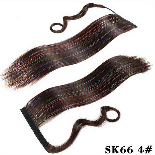 1pc Wig Piece Fashion Colorful Ponytail Golden and Silvery Low Temperature Fiber Magic Tape Straight Hair Ponytail Natural Traceless Synthetic Straight Hair Braid
