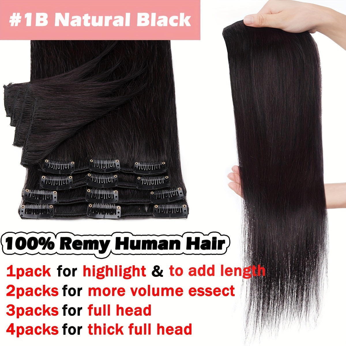 8pcs Clip In 100% Remy Human Hair Extensions Full Head Long Short Standard Wefts Soft & Natural Hair Extensions 16Inch-24Inch Black Brown Real Hair Extensions 65g-80g