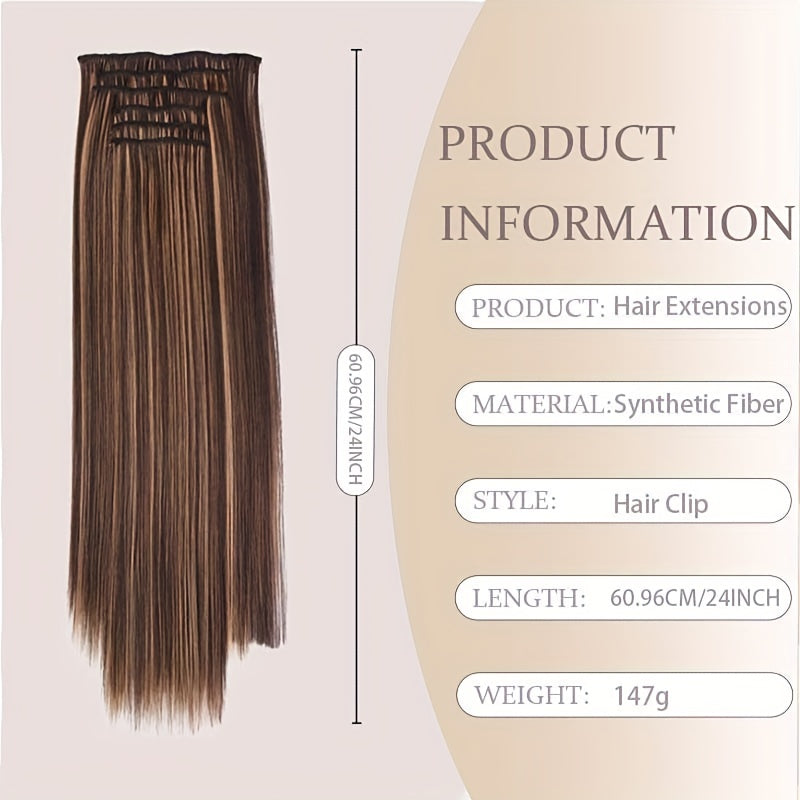 16pcs Long Straight Hair Extensions for Women, Clip-In Synthetic Hairpieces, Natural Look, Easy to Use, Hair Styling Accessories