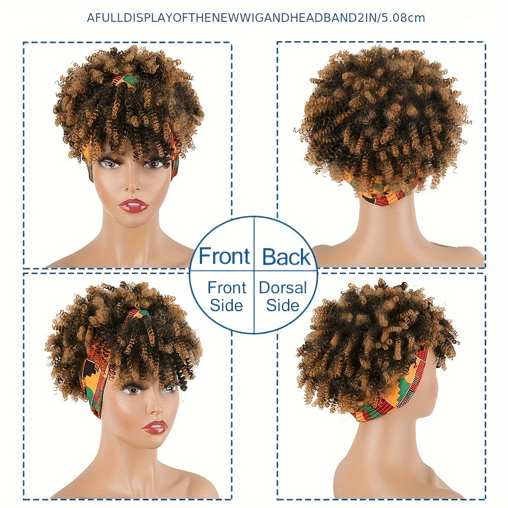 Brown Kinky Curly Hair Topper Headband Hair Extensions With Bangs For Women, Synthetic Short Afro Kinky Curly Headband Hair Topper Brown Hair Extensions With Headband Music Festival