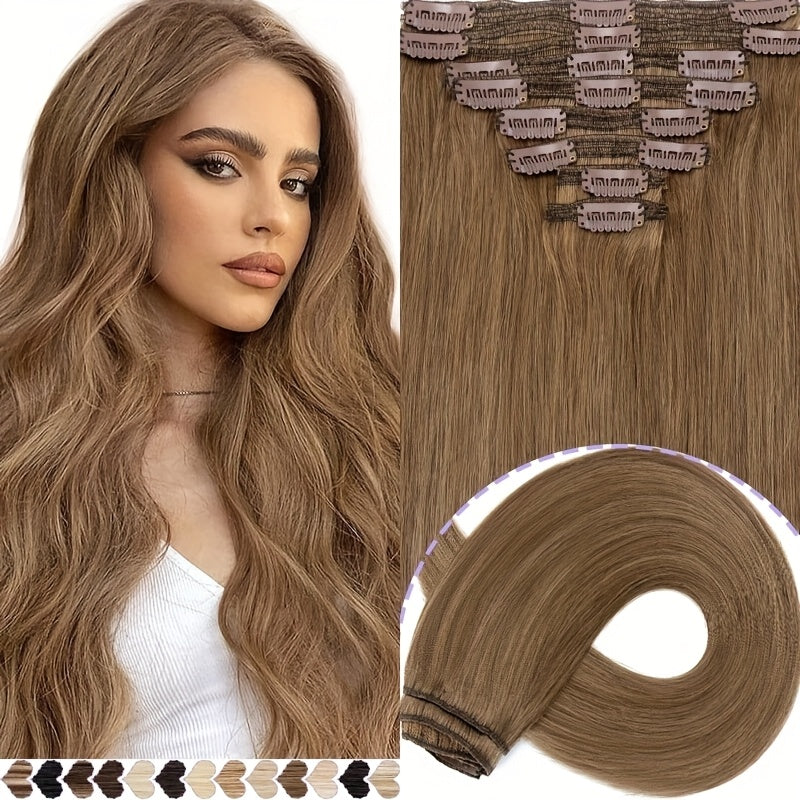 [8pcs 18clips Hair Extensions] 8pcs 18clips Double Weft Hair Extensions - Straight Smooth Long Hairpiece (16-22inch) | Natural Look, Multiple Colors | Perfect for Daily Wear & Special Occasions, Versatile for All Face Types, Light Beige