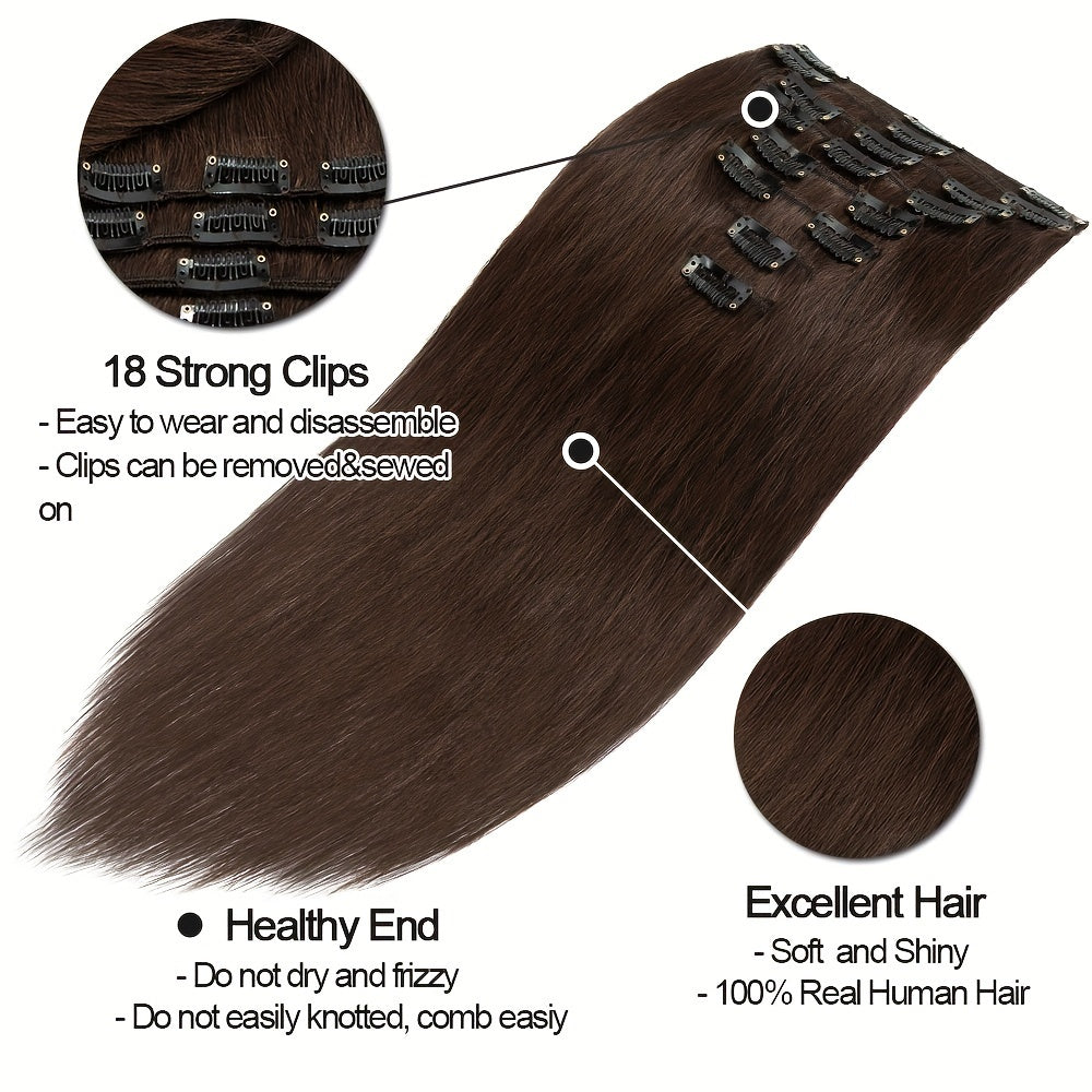 8pcs Clip In 100% Remy Human Hair Extensions Full Head Long Short Standard Wefts Soft & Natural Hair Extensions 16Inch-24Inch Black Brown Real Hair Extensions 65g-80g
