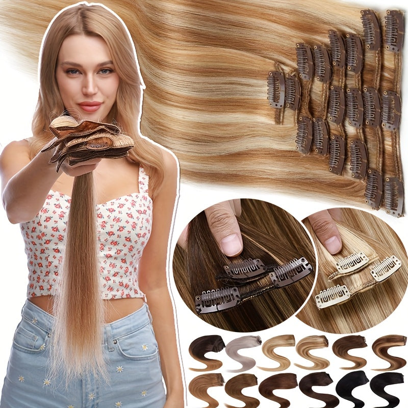 8pcs Clip In 100% Remy Human Hair Extensions Full Head Long Short Standard Wefts Soft & Natural Hair Extensions 16Inch-24Inch Black Brown Real Hair Extensions 65g-80g