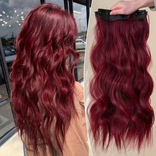 4pcs, 22 Inch Wine Red Color Clip in Hair Extensions 4pcs Black Brown Thick Highlighted Hairpieces Long Wave Clip in Hair Pieces Full Head Synthetic Hair Extension for Women