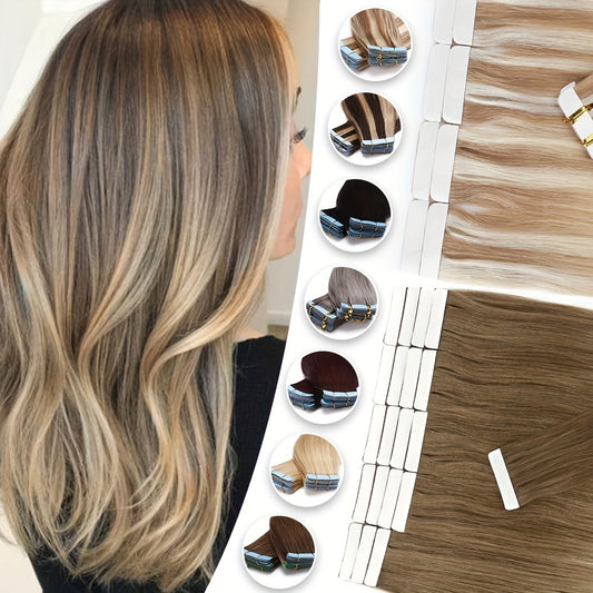 20PCS/50G Tape In 100% Human Hair Extensions Seamless Skin Weft Smooth Remy Hair Full Head 16/18/20Inch Long Straight Feel Soft & Natural Looking Mix Color