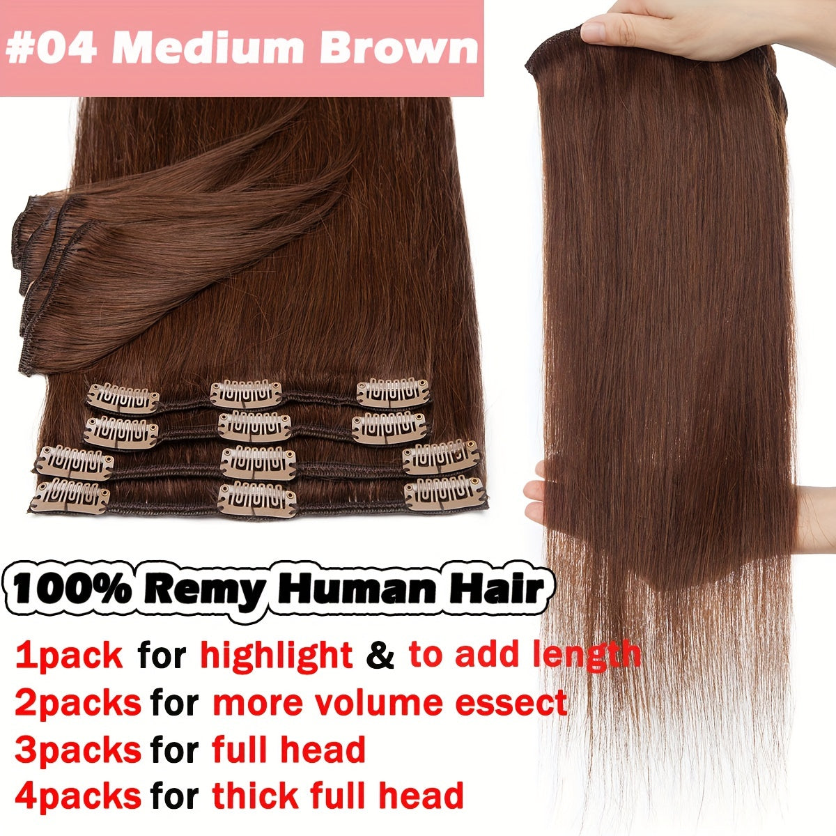 8pcs Clip In 100% Remy Human Hair Extensions Full Head Long Short Standard Wefts Soft & Natural Hair Extensions 16Inch-24Inch Black Brown Real Hair Extensions 65g-80g