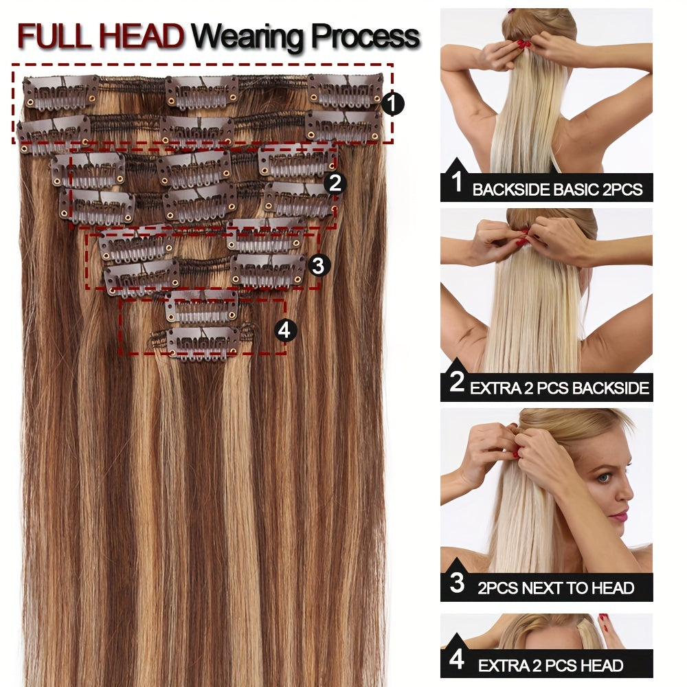 8pcs Clip In 100% Remy Human Hair Extensions Full Head Long Short Standard Wefts Soft & Natural Hair Extensions 16Inch-24Inch Black Brown Real Hair Extensions 65g-80g