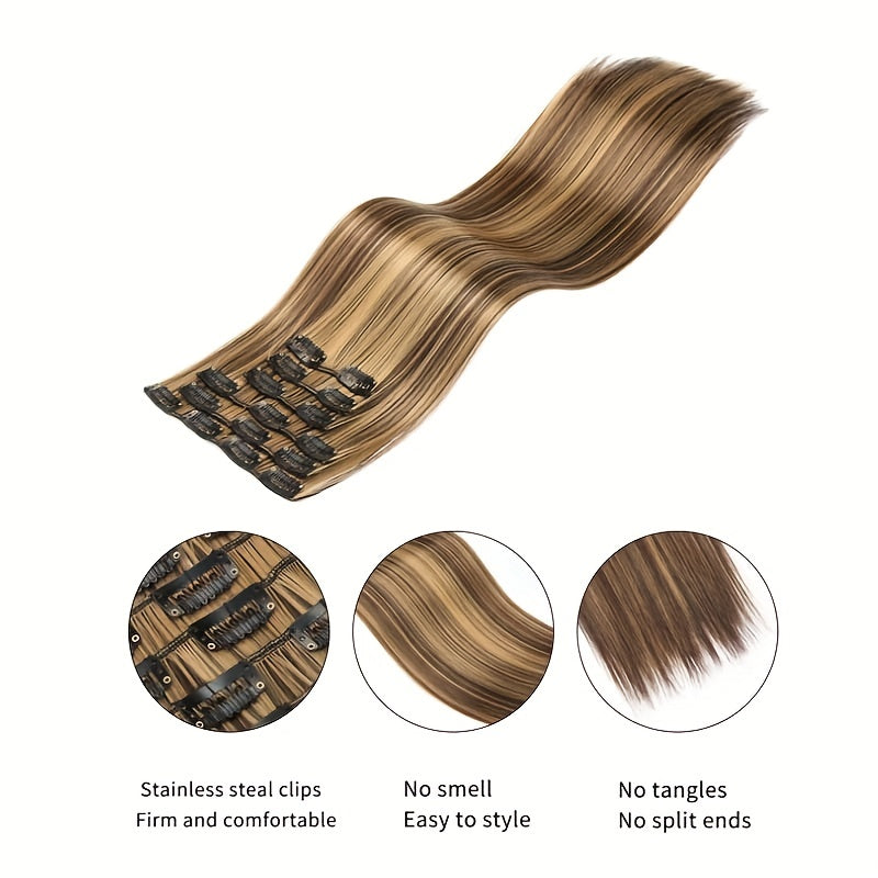 16pcs Long Straight Hair Extensions for Women, Clip-In Synthetic Hairpieces, Natural Look, Easy to Use, Hair Styling Accessories