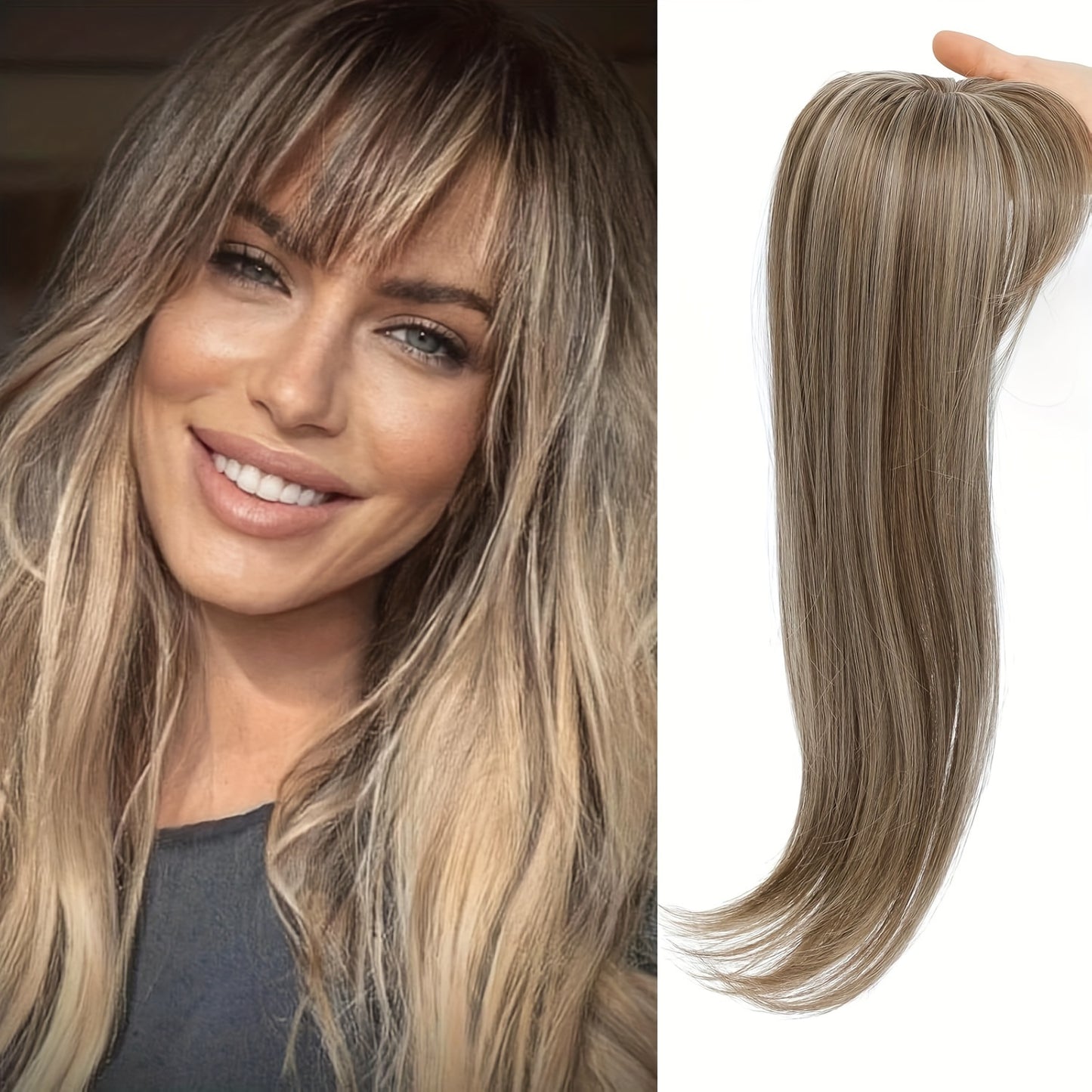 Clip in Bangs Bangs with Hair, 360° Cover Clip in Bangs Hair Clip in Hair Extensions, Blonde with Dark Root Hair Bangs for Women French Bangs with Hairpieces Clip in Bangs for Daily Wear
